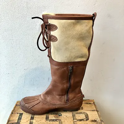 8.5 - Ugg Brown Leather Sheepskin Knee High Belcloud 14  Duck Boots 1130TS • $51