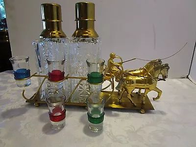 MCM 9 Pc BARWARE SET Metal & Glass Tantalus Horse Drawn Carriage Sleigh 1960's • $332.02