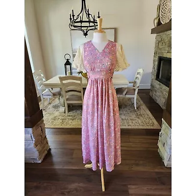 Vintage 70s Handmade Flutter Sleeve Lace Floral Dress Size Small Maxi • $45