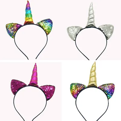 $11.99 • Buy 3PCS Rainbow Unicorn Headbands Fairy Princess Sequins Glitter Cat Ears Hairband
