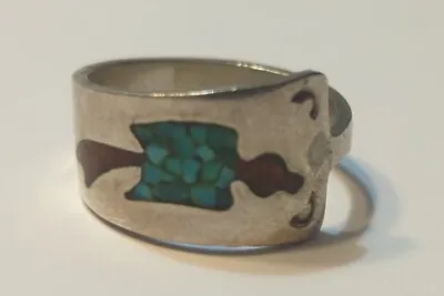 Vintage Navajo Sterling Turquoise Coral INlay Thunderbird Band Ring Size 7 • $29.99
