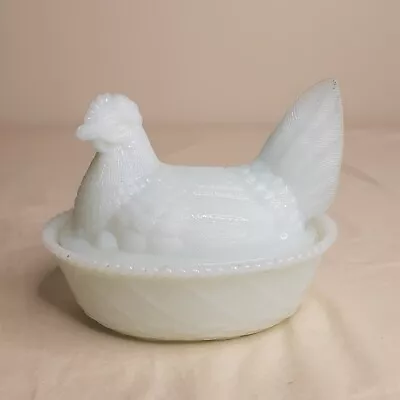 Milk Glass Hen On Nest With Turned Head Woven Basket 5 1/2  Long • $9.95