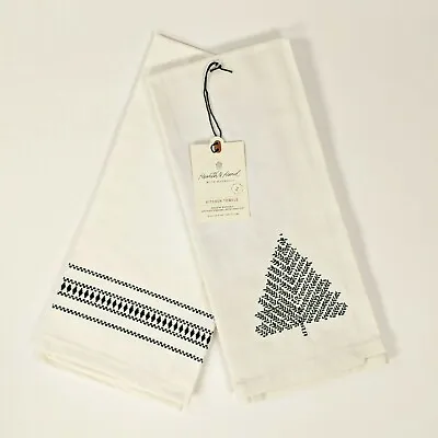 Hearth And Hand Magnolia XMAS TREE Kitchen Towel Set Sour Cream+Black Embroidery • $18.95