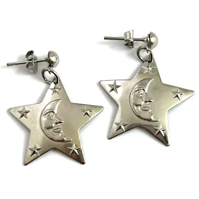 Vintage Earrings For Women Silver Tone Metal Star Moon Celestial Jewelry Dangle • $14.99