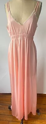 Vtg 70's Peachy Pink Nylon Off White Lace Trim Nightgown Gown Negligee*l • $49.99