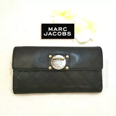 MARC JACOBS Wallet Trifold Black Genuine Leather Quilted Cards Bills Slots Zip • $70.20