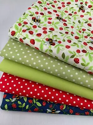 GREEN & NAVY BEES & BERRIES FAT QUARTER BUNDLE Rose Hubble 100% Cotton AM08 • £9.25