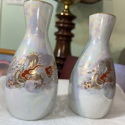 Vintage Pair Opalin Vases Porcelain Painted Japan Dragons Clouds Gold Trim • $18.56