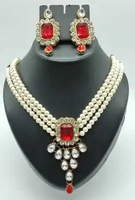 Bollywood Pearl Gold Tone Bridal Indian Fashion Jewelry Necklace Earring Set • $11.39