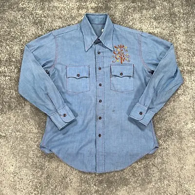 $49.98 • Buy VTG Levis Western Shirt Mens Large L Blue Chambray Mexico 70s Embroidered Cowboy