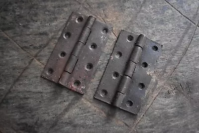 Vintage Iron Handmade French Gate Cabin Ate Door Box Hinges Pair Rusty 10.7 OZ • $23.12