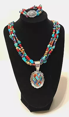 VTG Shube Dakota West Sterling Multi Gemstone 3 Strand Necklace & Inlay Pendant • $129