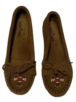 Minnetonka Moccasin Beaded Thunderbird Brown Suede Leather Slip On Shoes Size 8 • $35