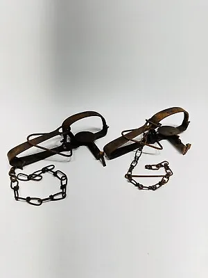 $40 • Buy 2  BJ Spring Foothold Traps Beaver Otter Coyote Metal Rustic Cabin Hunting Decor