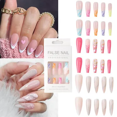 24 Pcs Set Women Almond Shape Fake Nail Press On Long False Manicure Full Cover • £3.05