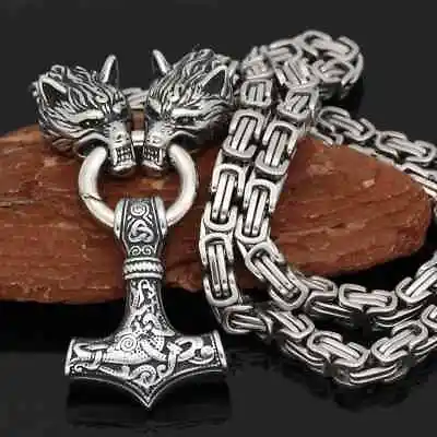 Men Viking Stainless Steel Wolf Thor Hammer Pendant Necklace Norse Mjolnir Odin • $19.79
