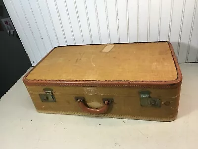 Vintage 1900s Wood Suit Case Carpet Bagger Suit Case  Leather   Handle Tramp Art • $85.49