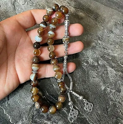 REAL Agate Aqeeq Islamic Prayer 33 Beads Tasbih Misbaha Rosary Tasbeeh 10mm • $34.99