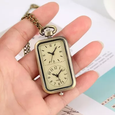 Bronze Dual Time Zone Quartz Pocket Watch Rectangle Shape Necklace For Men Women • $4.64