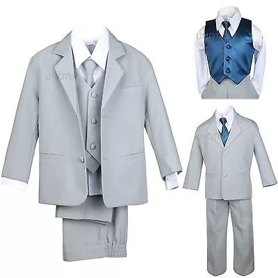 $57.97 • Buy Baby Toddler Boy Teen 7 Pc Wedding  Prom Party Formal Tuxedo Suit Gray Size:s-14