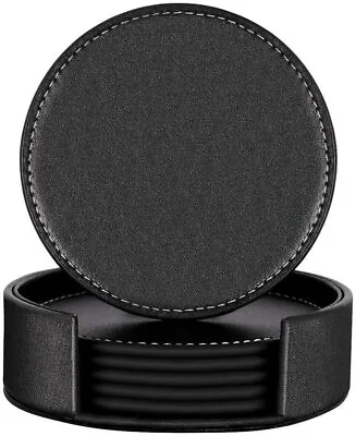 $17.99 • Buy Leather/Felt Absorbent Coasters For Drinks With Holder, Set Of 6 Black Coaster