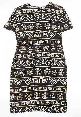 Maggy London Womens Black Geometric Silk A-Line Size 8 Round Neck Zip • £6