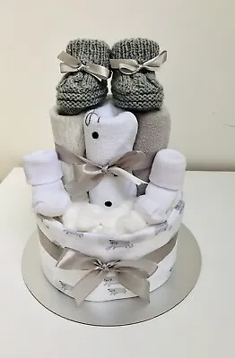 Cute 2 Tier Nappy Cake With Knitted Booties - Baby Shower New Baby Gift • £25