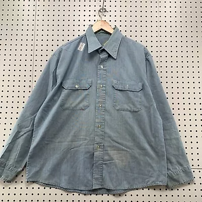 Vintage Sears Workwear Button Shirt Blue Chambray Mens XL Long Sleeve 25.5x28.5 • $22.22