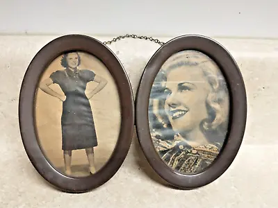 Antique Double Oval Metal Picture Frame 4 1/2  X 3 1/4  Each Side (Ohio Art?) • $22