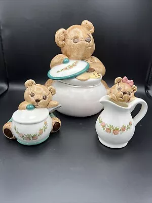 Cookie Jar Teddy Bear Mama With Matching Teddy Kids Creamer And Sugar￼ Bowl. • $35