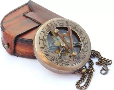 Vintage Maritime Pocket Sundial Nautical Brass Compass With Antique Leather Case • $27