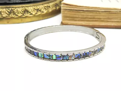 Retro Silver Plate Blue Green Abalone Inlay Hinged Bangle Bracelet UU50 • $18.69