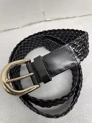 L- Michael Kors Black Braided Leather Belt Gold Tone Signature Embossed Buckle • $22.48