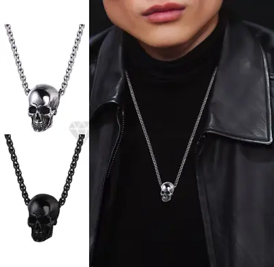 Men's Human Head Skeleton Skull Pendant Stainless Steel Chain Gothic Necklace UK • £4.99