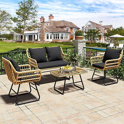 4PCS Patio Rattan Sofa Set Outdoor Furniture Garden PE Cushioned Couch Wicker • $283.74