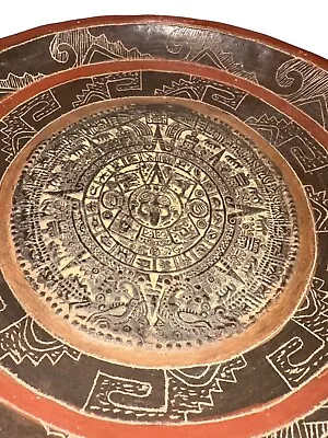 Large Mayan Calendar Sun God Themed Footed Bowl Red Earthenware Pottery • $90