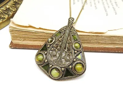 Vintage Signed Miracle Gold Art Glass Enamel Celtic Pendant Necklace KK44 • $29.74