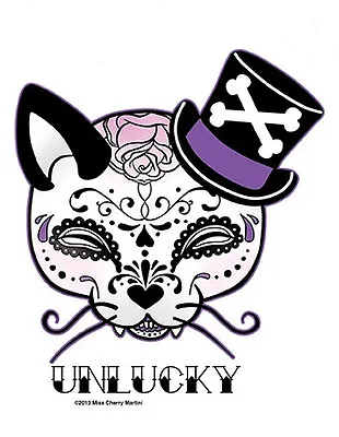 UNLUCKY WHITE CAT SUGAR SKULL TOP HAT  ROSE STICKER/ DECAL  Miss Cherry Martini  • $7.99