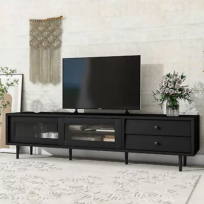 Glass Doors Media Console TV Stand Modern TV Cabinet Ample Storage Space Black • $249.43
