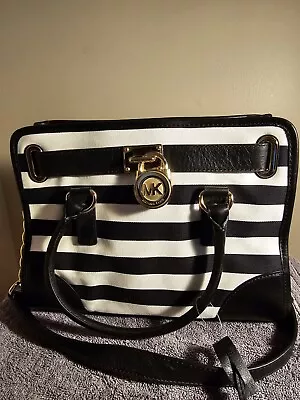 Michael Kors Hamilton Med  Black White Striped Tote Bag • $135