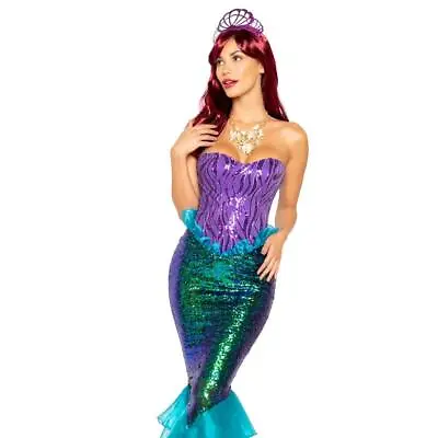 Mermaid Costume Corset Top Sequin Long Skirt Layered Iridescent Shell Tiara 4995 • $97.74