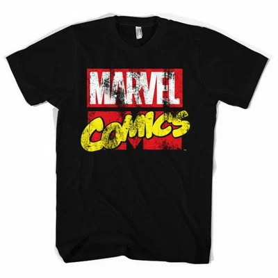 £9.99 • Buy Mens Distressed Marvel Comics Logo Black T-Shirt - Crew Neck Loose Fit Retro