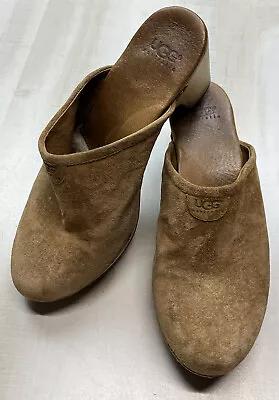 Ugg Abbie Tan Caramel Suede Leather Shearling Clogs Slip On Wooden Heels Size 9 • $29.99