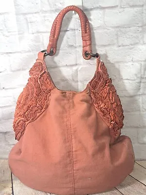 Anthropologie Miss Albright Coral Canvas Leather Rose Bag Handbag Hobo Purse • $35.70