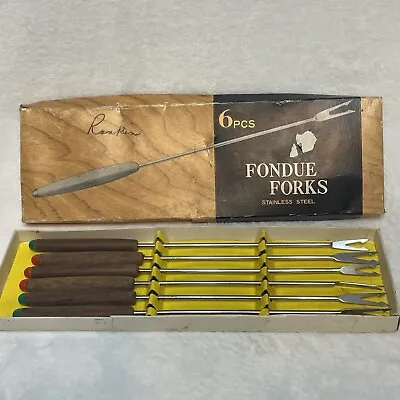 Vintage  Fondue Forks Stainless Steel Wood Handles Original Box Japan 6pc • $14.99