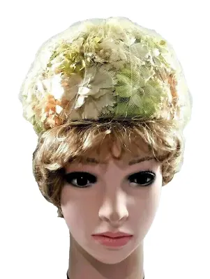 1950s Sears Millinery Womens Hat Pastel Flowers Green Veil Vintage Fashion 7318 • $28