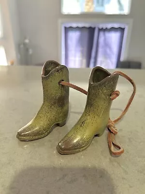 Pair Of Vintage Mini Green Frankoma Pottery Cowboy Boots With Leather Cord • $42