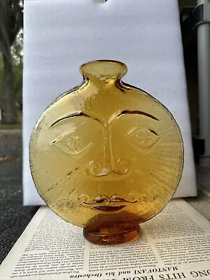 Vintage Blenko Sun Face Vase MCM Amber Colored Glass 10” Tall - K • $400