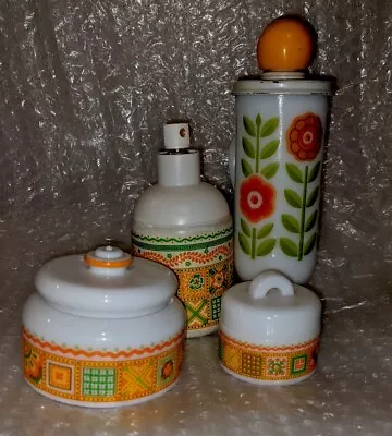 Vintage Avon Patchwork Quilt Milk Glass Vanity Set Harvest Lot Of 4 • $40