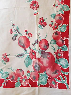 Vintage 1950s COTTON Printed TABLECLOTH Red & Aqua Fruit & Flowers 48  Sq • $28